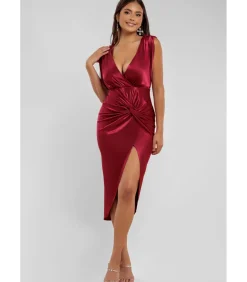 Goddiva Midi-jurk “Satin Wrap Knotted Midi Dress” darkRed Clearance