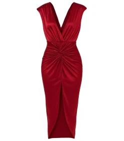 Goddiva Midi-jurk “Satin Wrap Knotted Midi Dress” darkRed Clearance