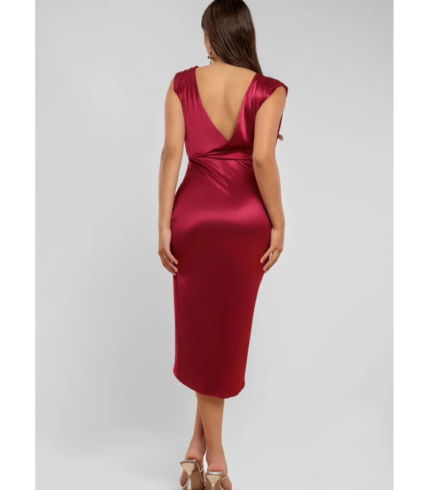 Goddiva Midi-jurk “Satin Wrap Knotted Midi Dress” darkRed Clearance