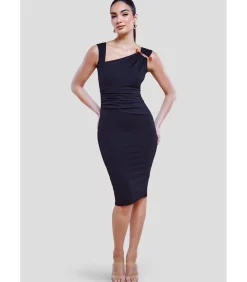 Goddiva Midi-jurk “Scuba Crepe Asymmetric Neck Midi Dress” black Hot
