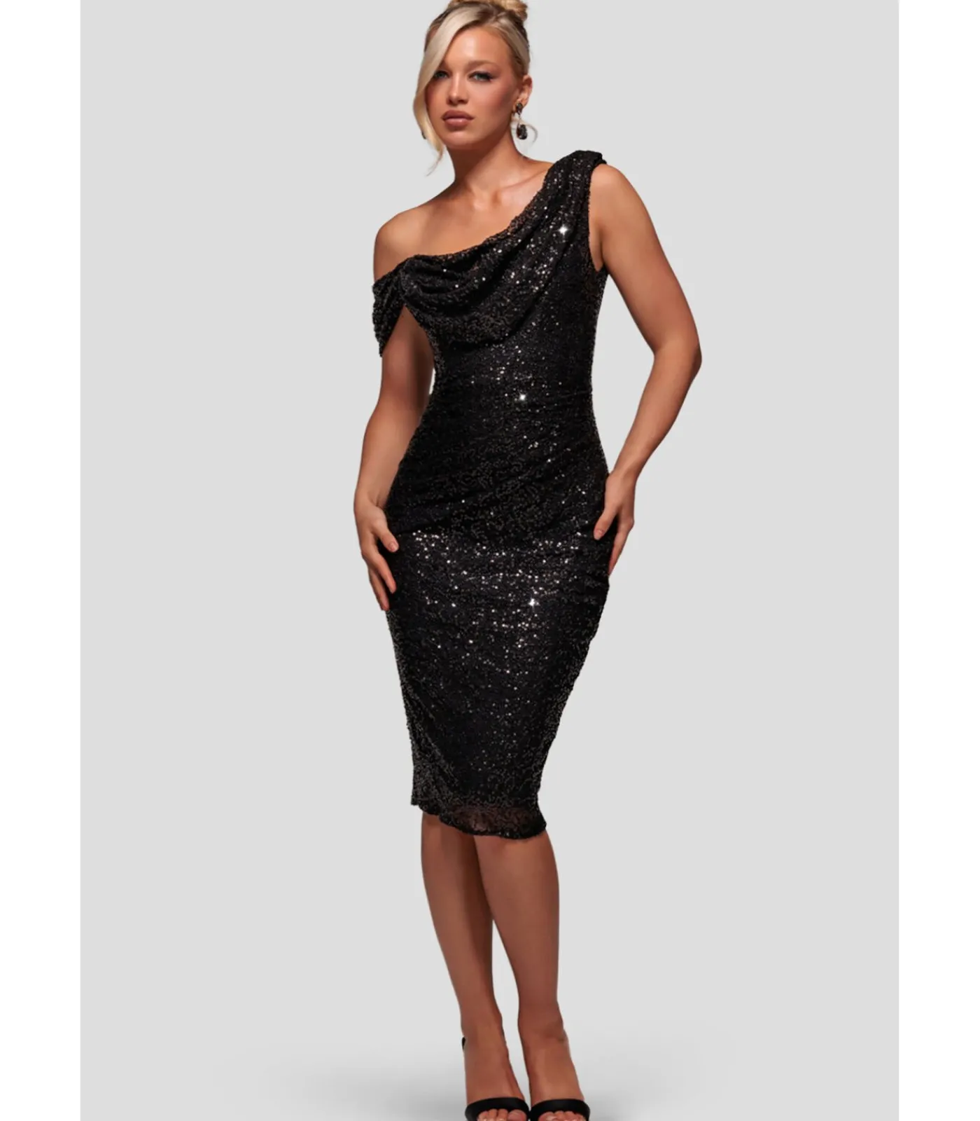 Goddiva Midi-jurk “Sequin Cowl One Shoulder Midi Dress” black Outlet