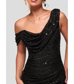 Goddiva Midi-jurk “Sequin Cowl One Shoulder Midi Dress” black Outlet