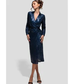 Goddiva Midi-jurk “Sequin Front Split Shirt Dress” darkBlue Discount