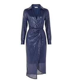 Goddiva Midi-jurk “Sequin Front Split Shirt Dress” darkBlue Discount