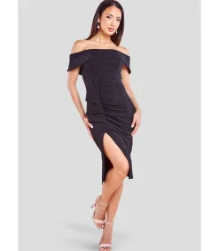 Goddiva Midi-jurk “Sparkling Bardot Midi With Waterfall Ruffle” black Clearance
