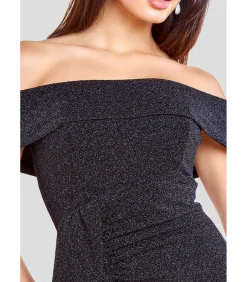 Goddiva Midi-jurk “Sparkling Bardot Midi With Waterfall Ruffle” black Clearance