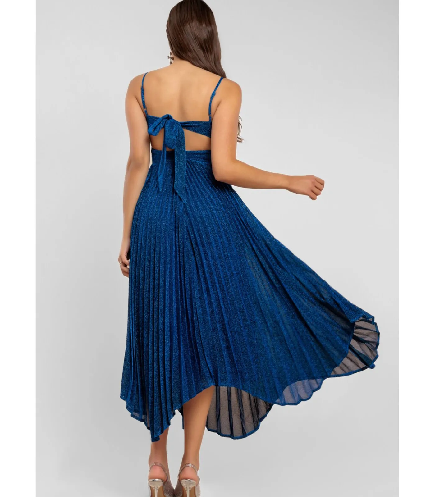 Goddiva Midi-jurk “Tie Back Pleated Lurex Skater Midi Dress” blue Discount