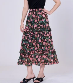 Smart & Joy Midi-rok met bloemenprint en gelaagde ruches black New