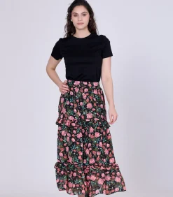 Smart & Joy Midi-rok met bloemenprint en gelaagde ruches black New