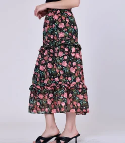 Smart & Joy Midi-rok met bloemenprint en gelaagde ruches black New