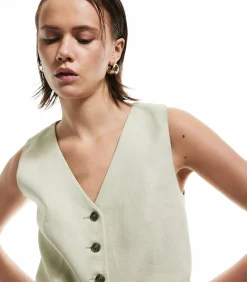 Koton Mouwloze Linnen Blazer Yelek met Knoopsluiting green Best