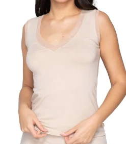 LUNA Mouwloze V-hals top Cotton Touch beige Discount