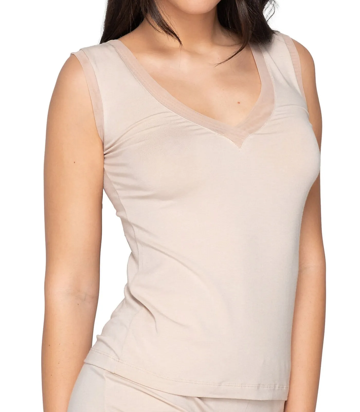 LUNA Mouwloze V-hals top Cotton Touch beige Discount