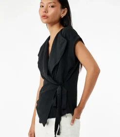 Koton Mouwloze Zwarte Wikkelblouse met Ceintuur black