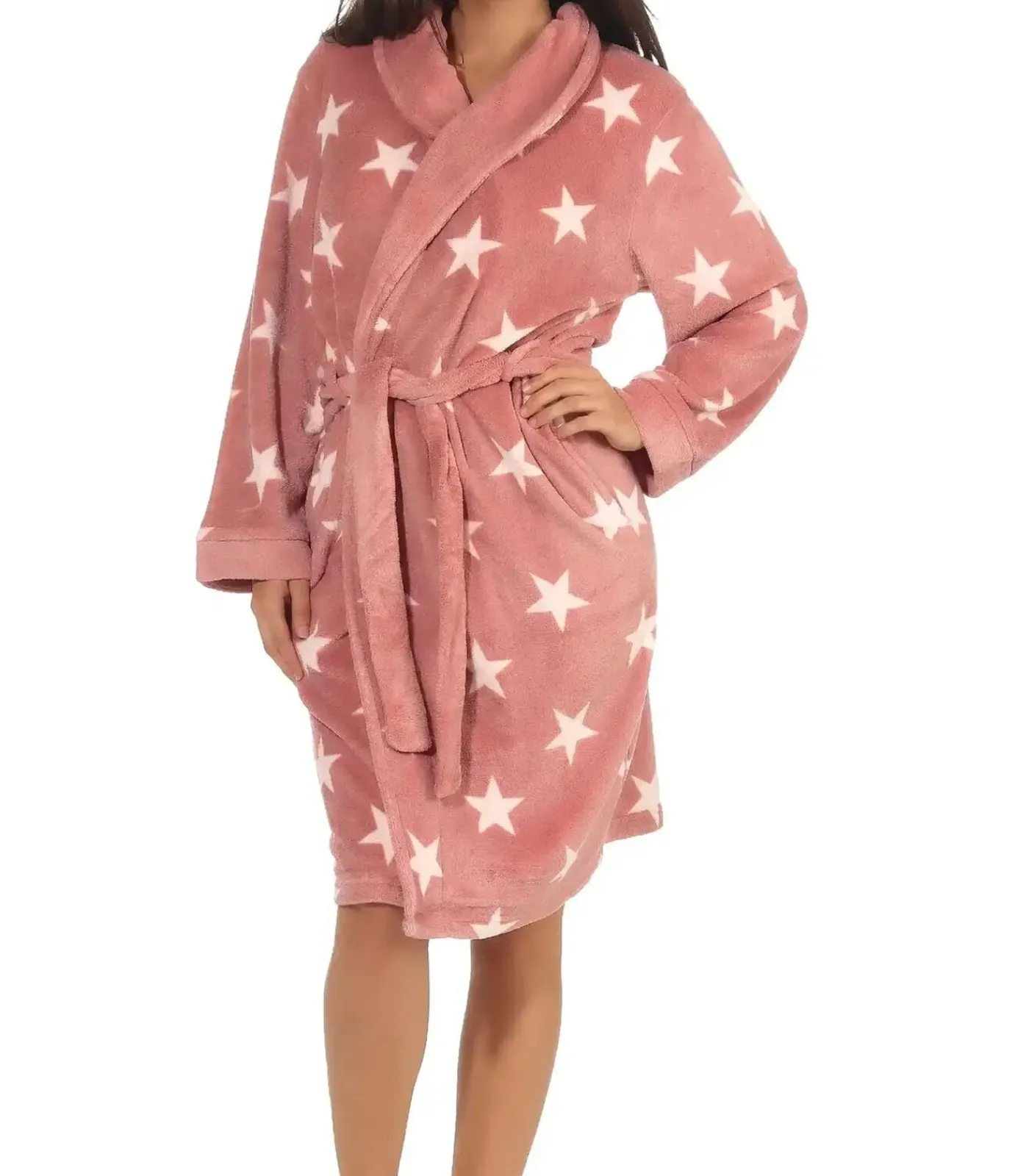 Norman N dames badjas fleece - Stars - Warme winter ochtendjas pink Online