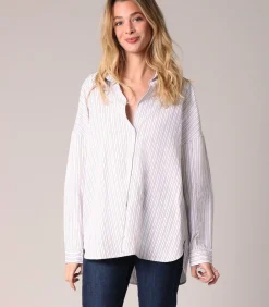 Deeluxe OWANY - Losvallend gestreept shirt met strass steentjes beige Outlet