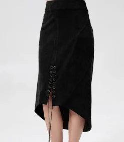Smart & Joy Plooiende rok met split en vetersluiting middenvoor black New