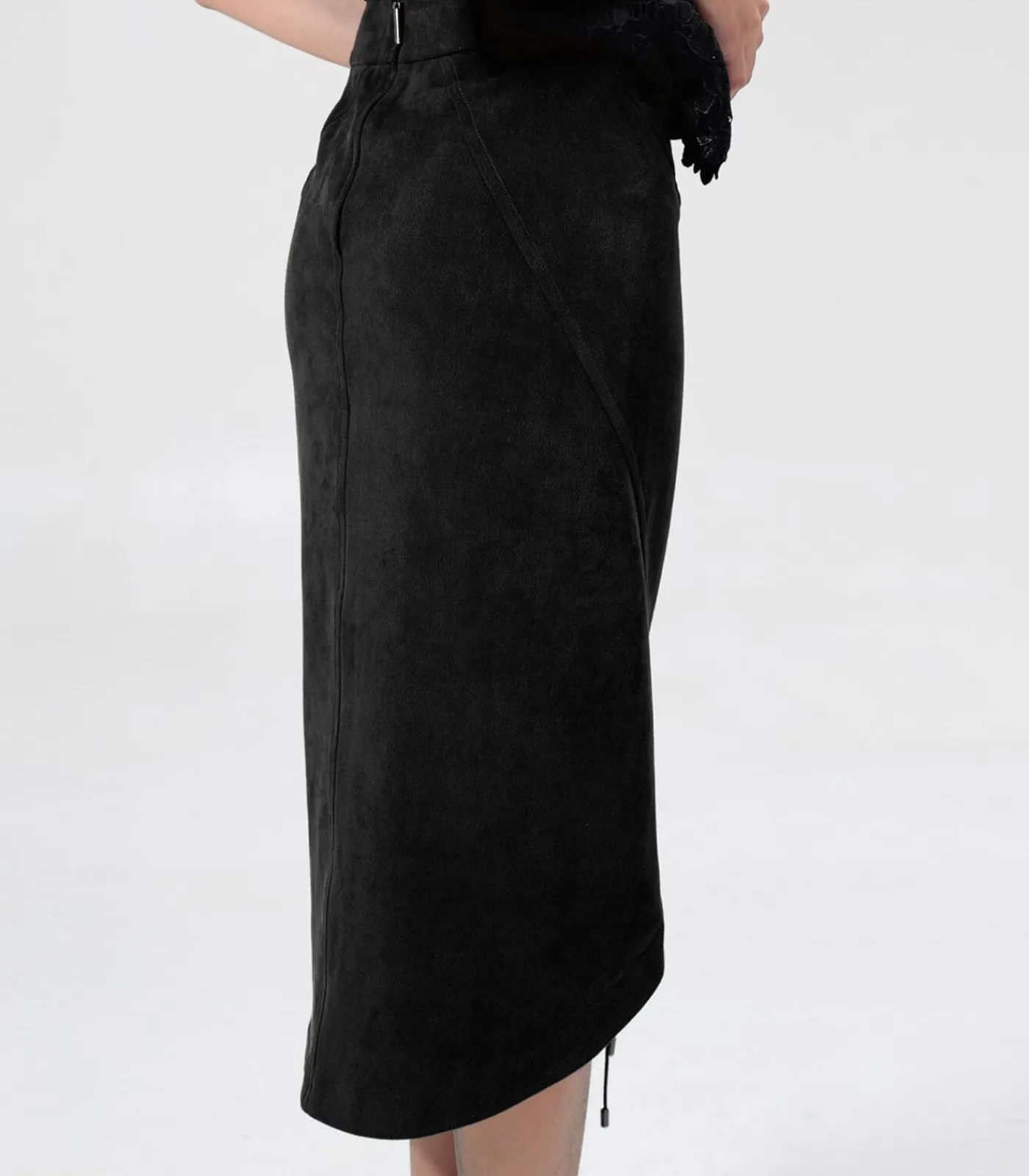 Smart & Joy Plooiende rok met split en vetersluiting middenvoor black New