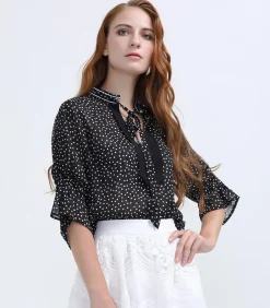 Smart & Joy Polka Dot chiffon blouse met tulpmouwen black Hot