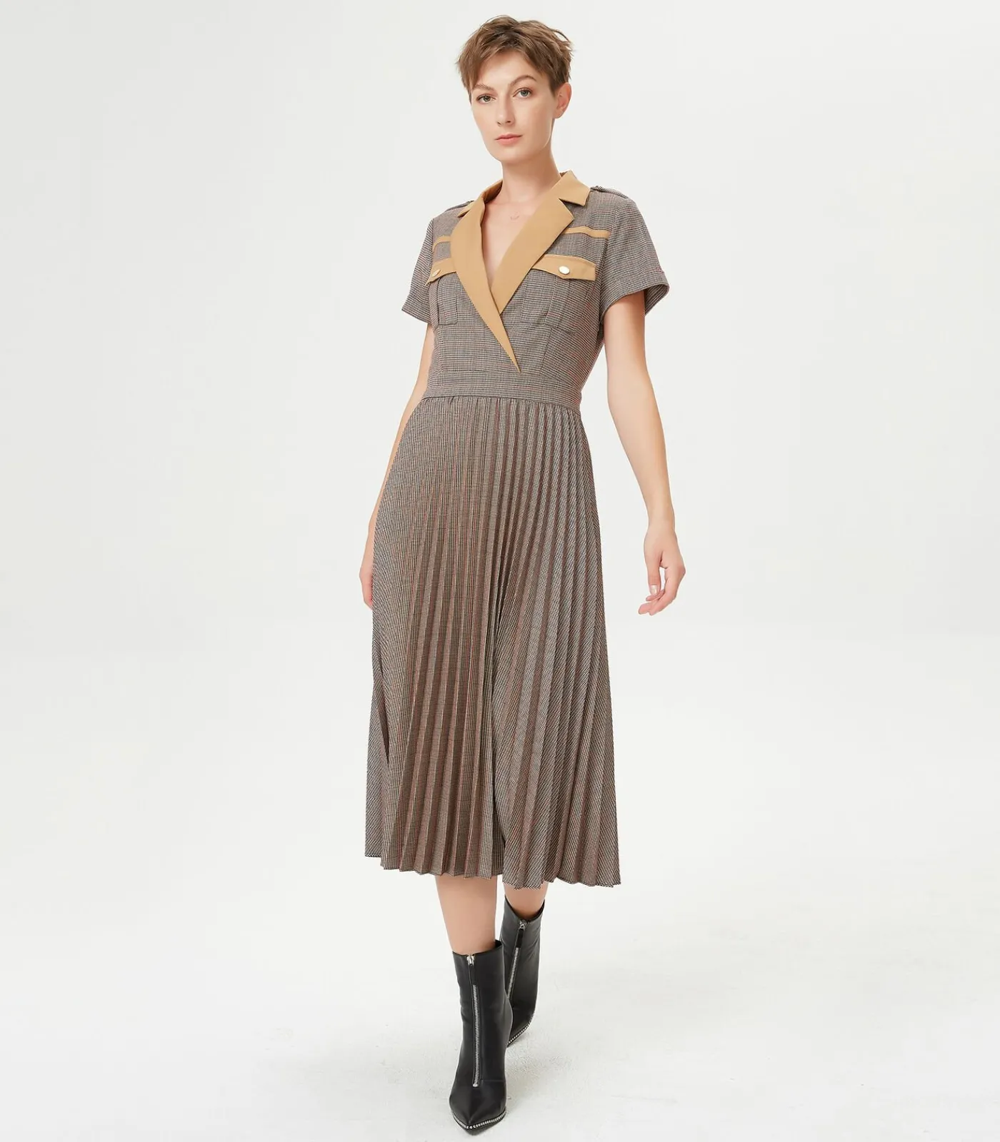 Smart & Joy Prins van Wales geplooide jurk brown Best