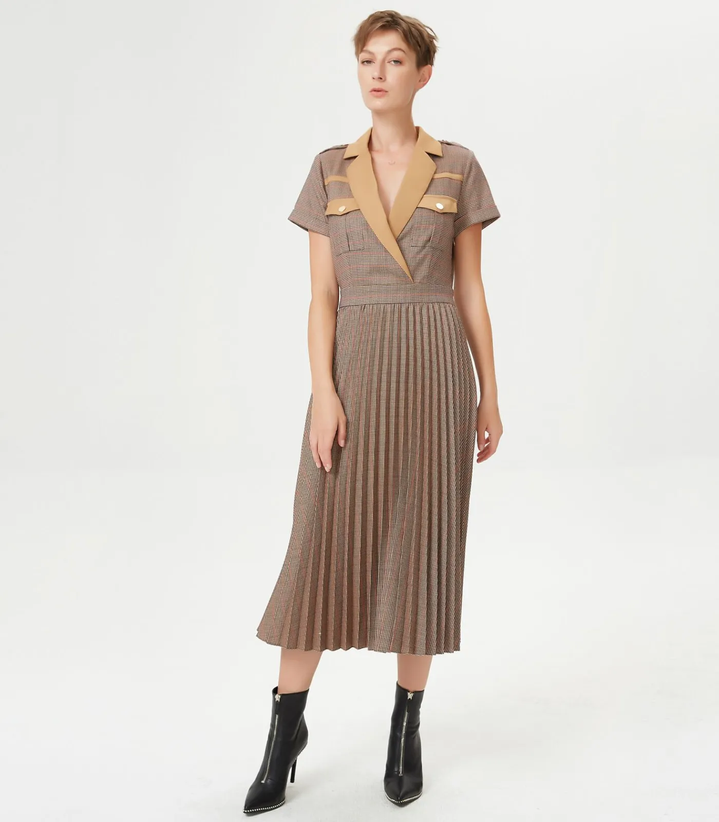 Smart & Joy Prins van Wales geplooide jurk brown Best