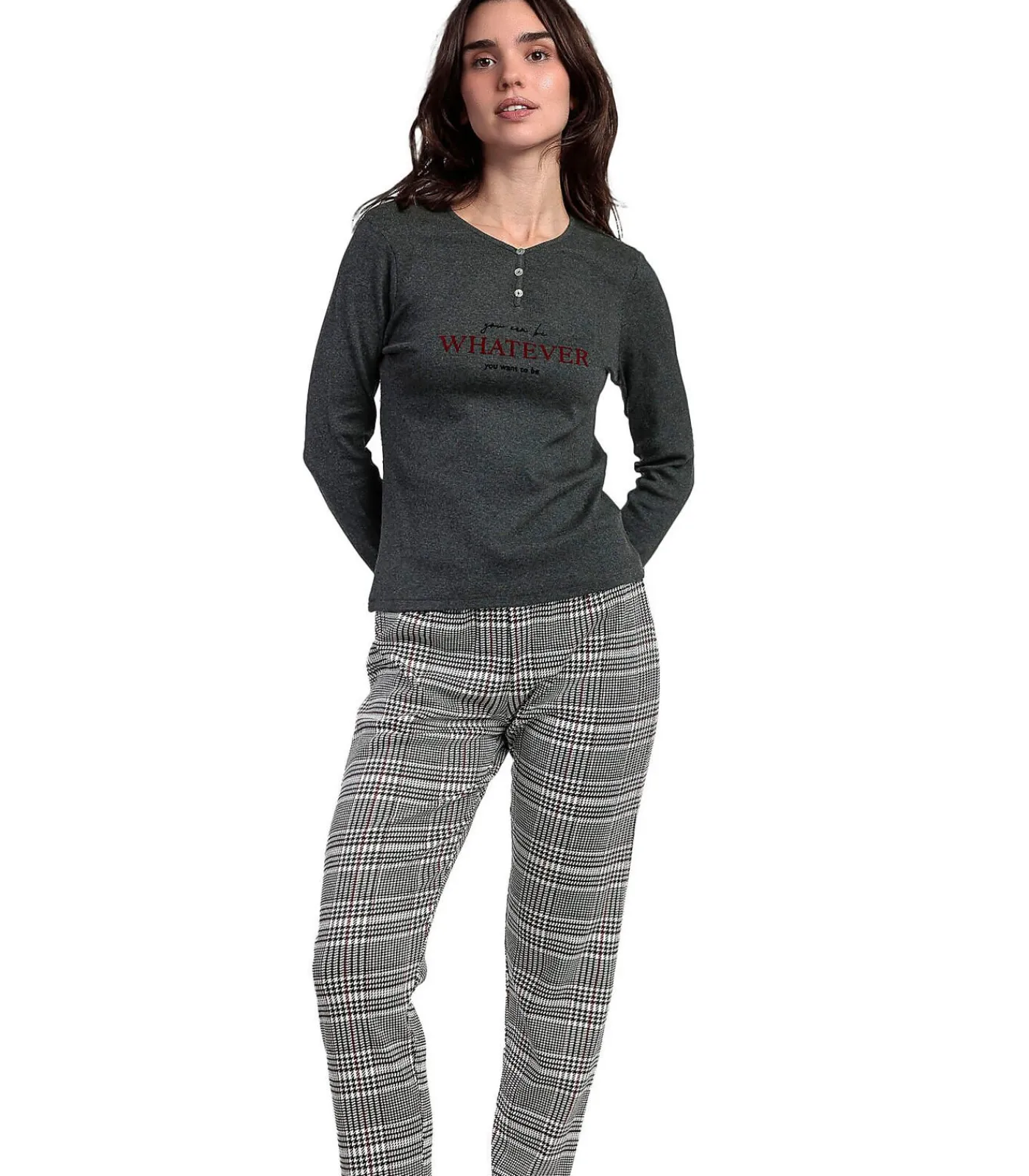 ADMAS Pyjama broek top lange mouwen Houndstooth gray