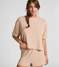 Hunkemöller Pyjamashort van geborstelde jersey beige Online