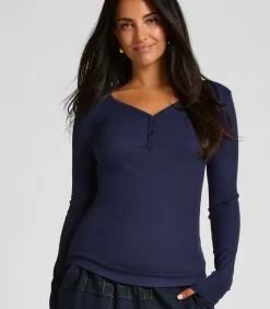 Hunkemöller Pyjamatop met lange mouwen Henley blue Hot