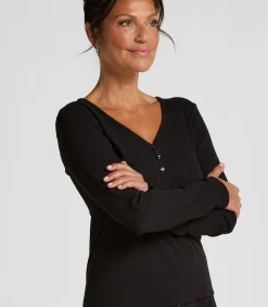 Hunkemöller Pyjamatop met lange mouwen Henley black Hot