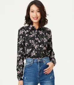 Smart & Joy Recht overhemd met bloemenprint black Outlet