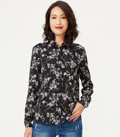 Smart & Joy Recht overhemd met bloemenprint black Outlet