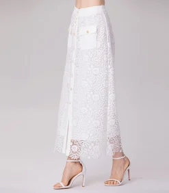Smart & Joy Rechte midi-rok met kant en middenknopen white New