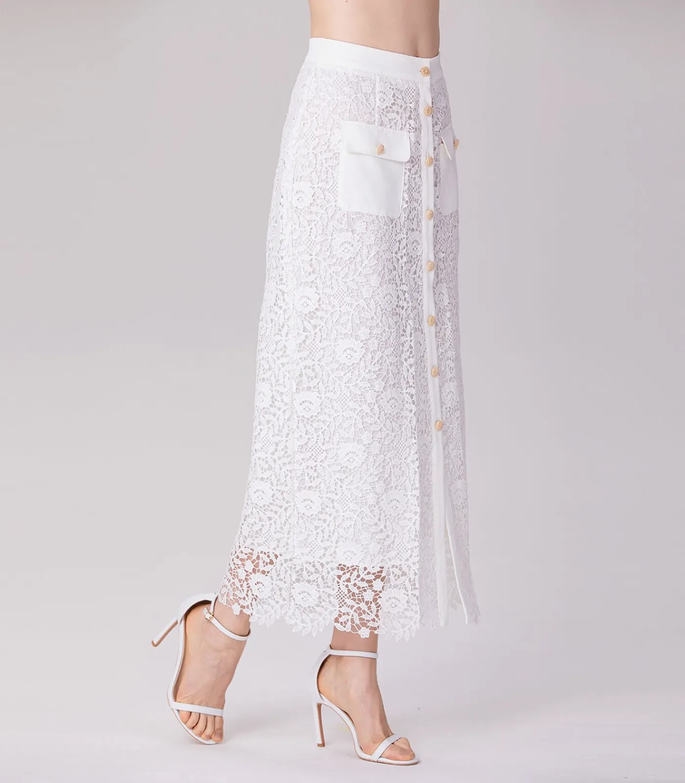 Smart & Joy Rechte midi-rok met kant en middenknopen white New
