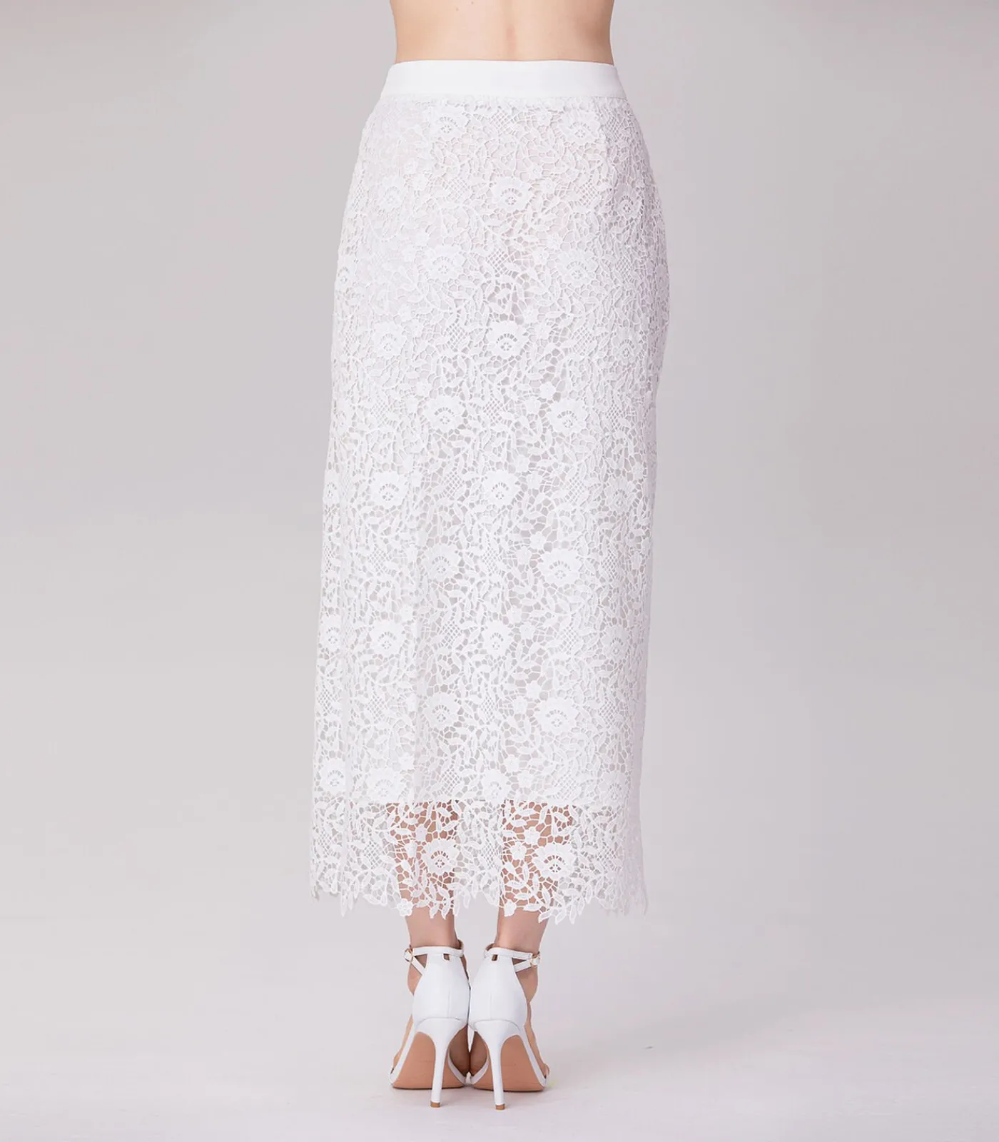 Smart & Joy Rechte midi-rok met kant en middenknopen white New