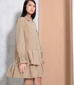 Smart & Joy Safari Jurk met geplooide basques en lange mouwen beige Sale