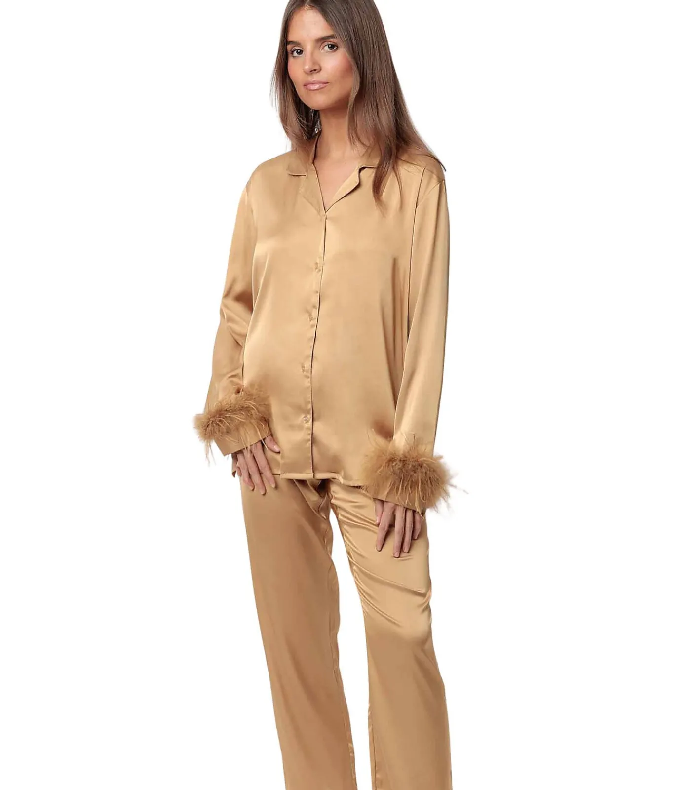 ADMAS Satijnen pyjama met afneembaar overhemd en veren broek gold Discount