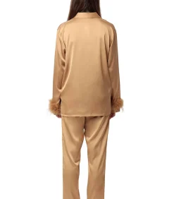 ADMAS Satijnen pyjama met afneembaar overhemd en veren broek gold Discount