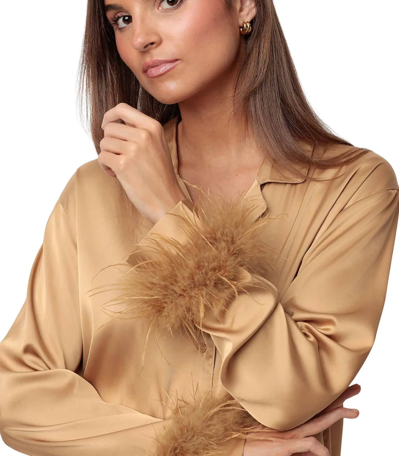 ADMAS Satijnen pyjama met afneembaar overhemd en veren broek gold Discount