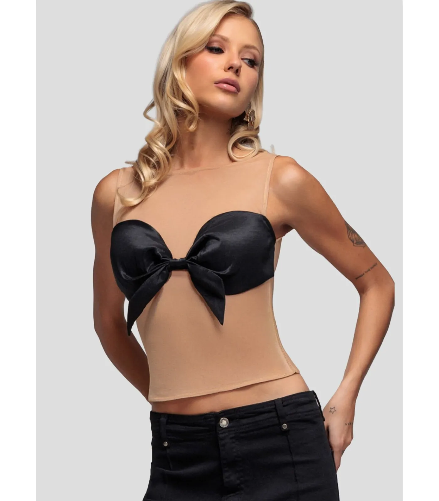 Goddiva Tanktop “Nude Mesh Sleeveless Taffeta Bow Top” black