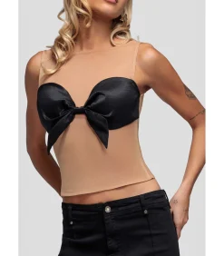 Goddiva Tanktop “Nude Mesh Sleeveless Taffeta Bow Top” black
