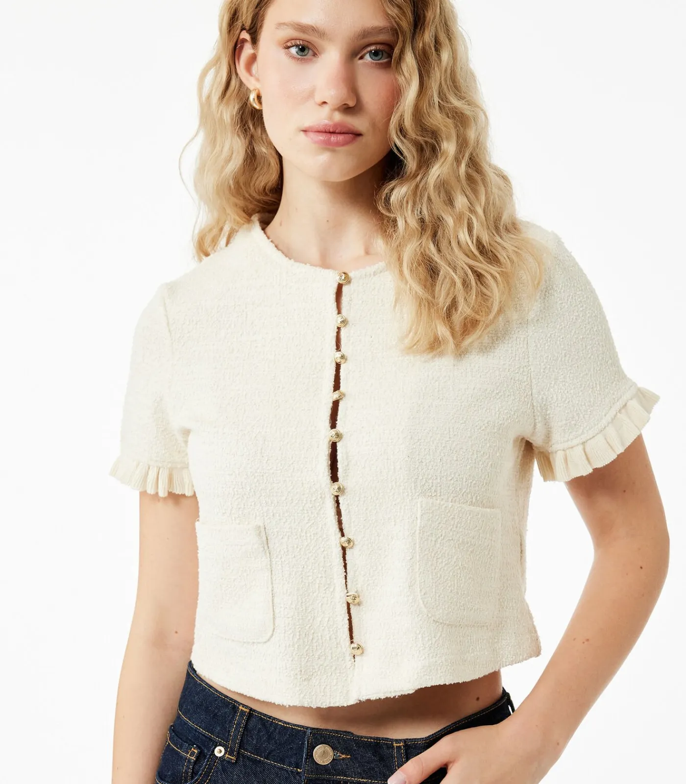 Koton Trui Korte Mouwen Ronde Hals Ruches white Hot