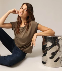 Deeluxe VIENNA - Casual T-shirt met geborduurde details op de mouwen en halslijn khaki Hot