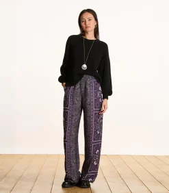 La Fée Maraboutée Vloeiende broek in pruimkleurige twill met sjaalprint violet Online