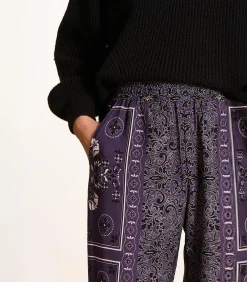 La Fée Maraboutée Vloeiende broek in pruimkleurige twill met sjaalprint violet Online