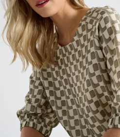 Marie Méro Vlot bloesje met print in olijfkleur en ecru oliveGreen Outlet