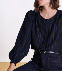 La Fée Maraboutée zwart en blauw button-down overhemd met ronde hals darkBlue Sale