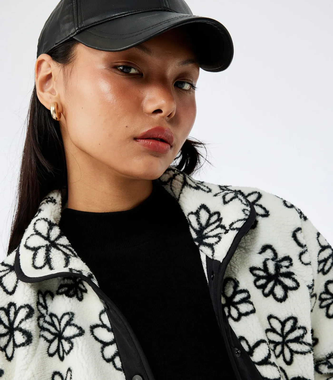 Koton Zwarte Bloemendessin Fleece Jas met Rits black Outlet