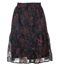 Conquista Zwarte kanten rok met donkerrode stiksels – Viscose-wolmix, onder de knie, elastische taille black New