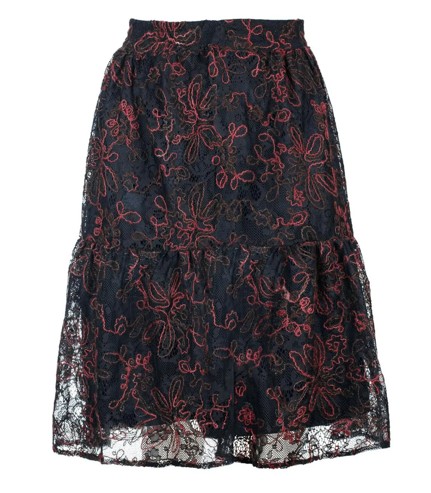 Conquista Zwarte kanten rok met donkerrode stiksels – Viscose-wolmix, onder de knie, elastische taille black New