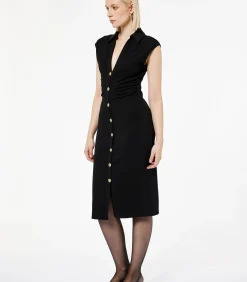 Koton Zwarte Midi-jurk V-hals Knopen Mouwloos black Clearance